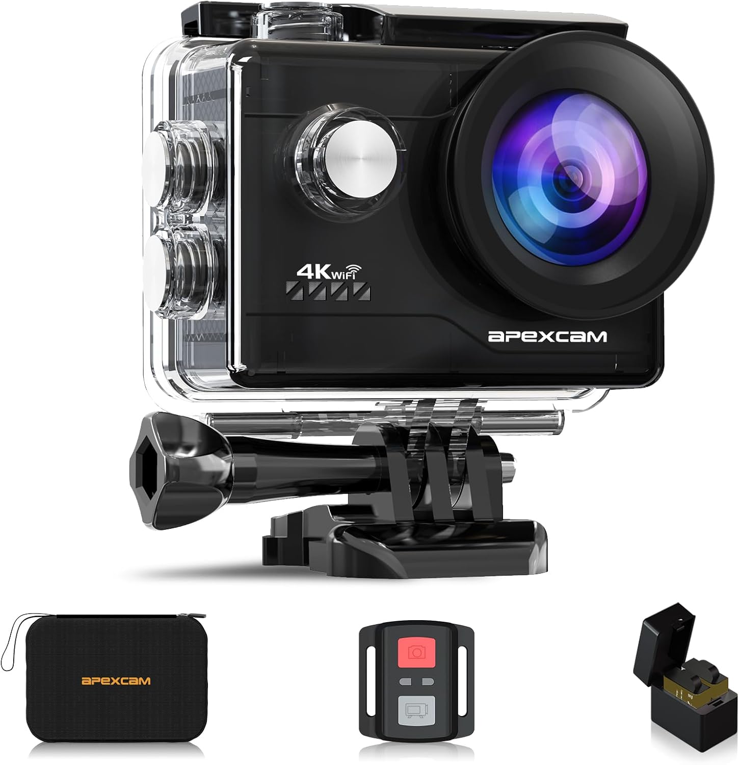 Apexcam Action Camera 4K Sports Camera 20MP 40M 170°Wide-Angle WiFi Waterproof Underwater Camera with 2.4G Remote Control 2 Batteries 2.0'' LCD Ultra HD Camera with Mounting Accessories Kit
